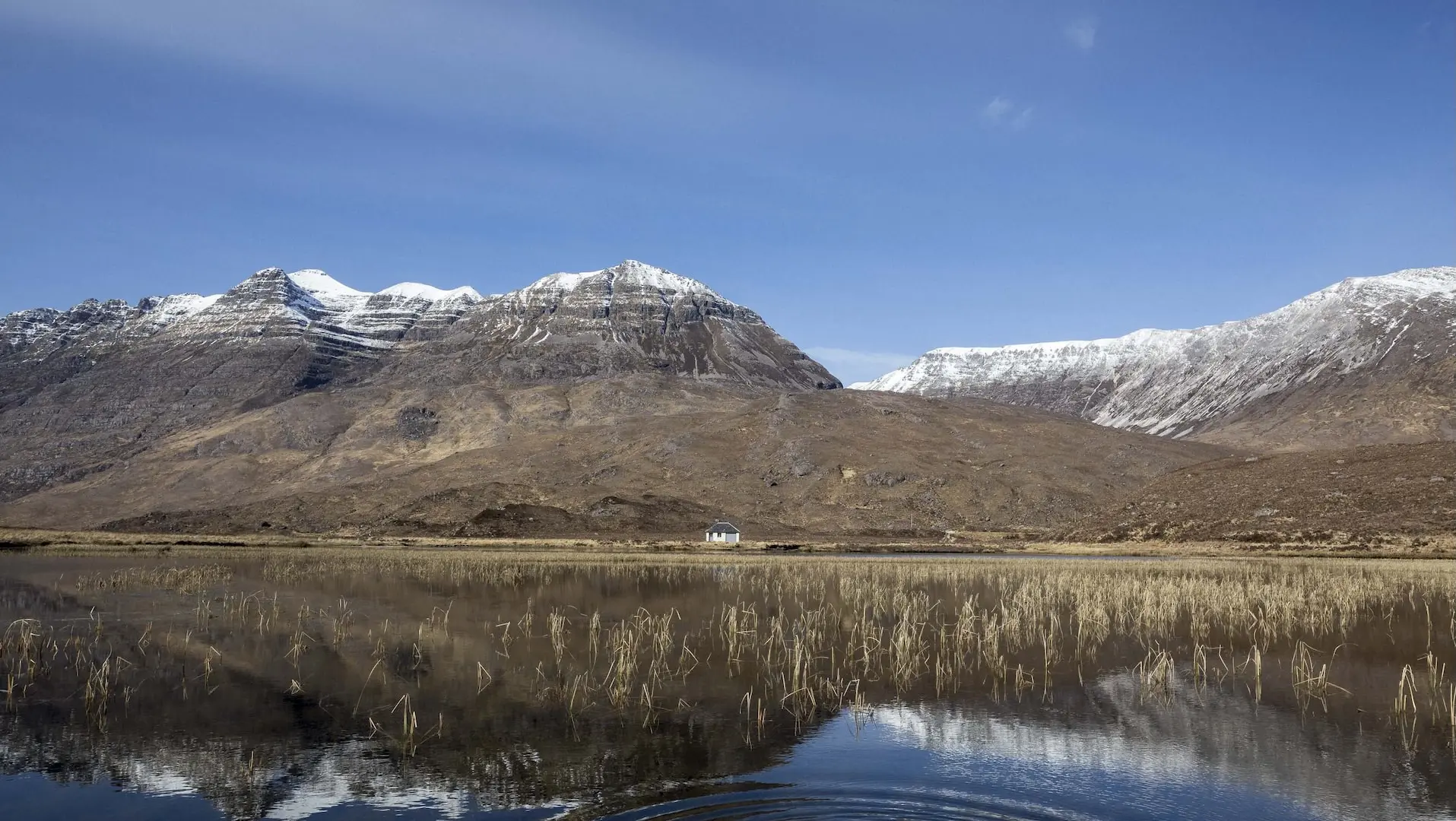 Snow-capped mountains reflected in a loch in Scotland